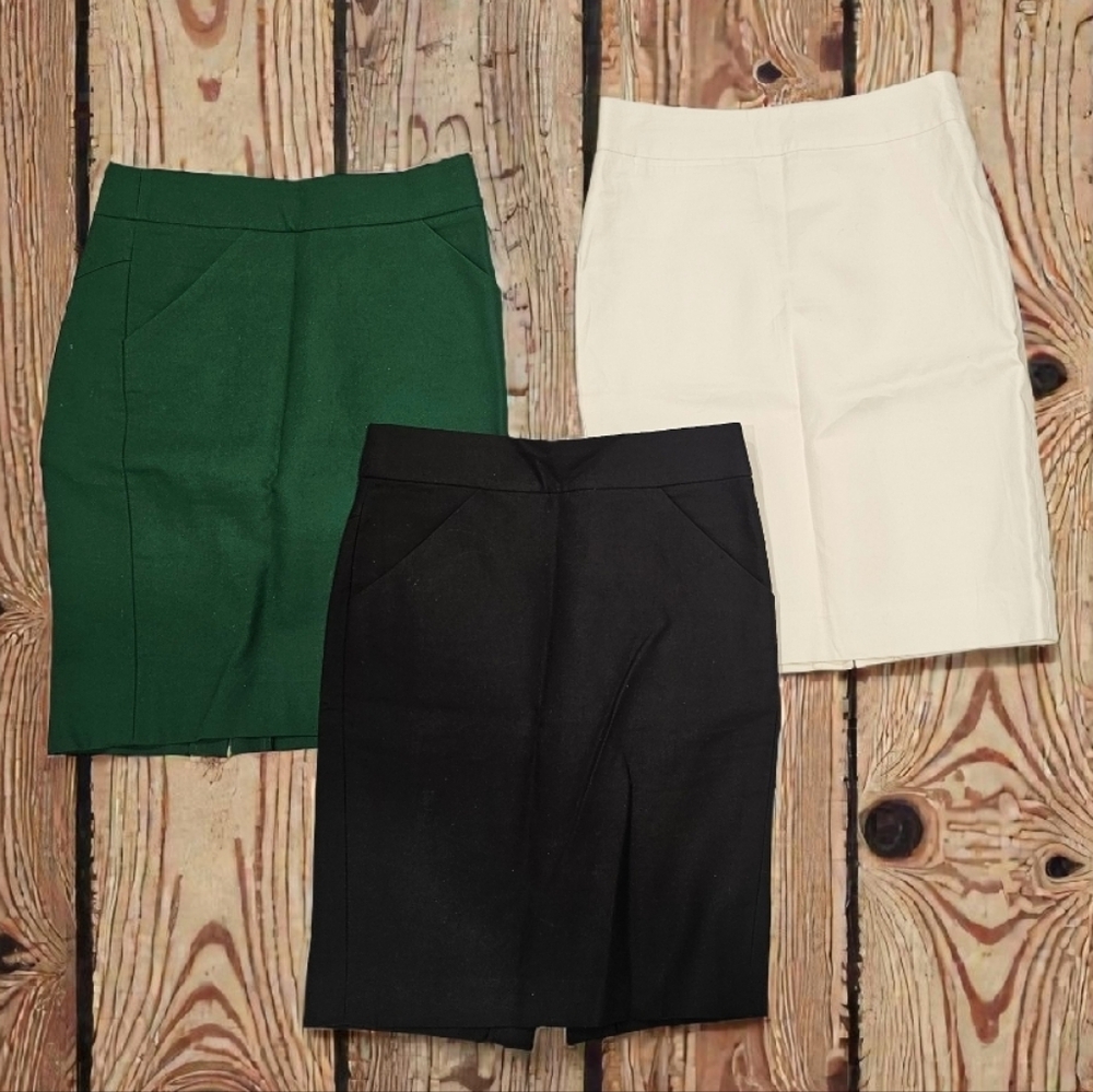 J. Crew Pencil Skirts in Green, Black, and Cream